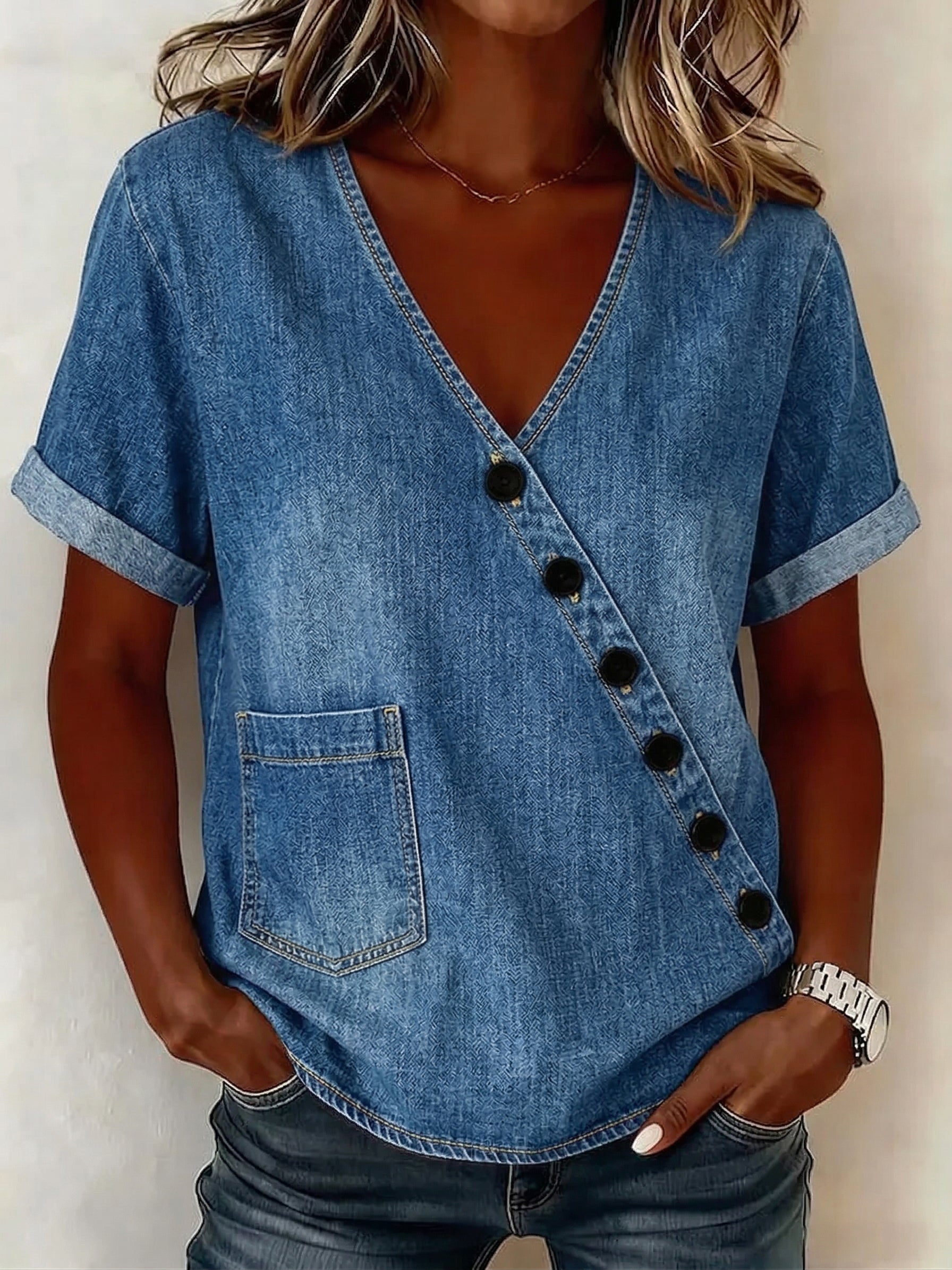 Casual Button-down V-neck Denim Shirt