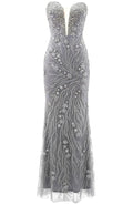 Strapless Floral Crystal Maxi Dress Silver