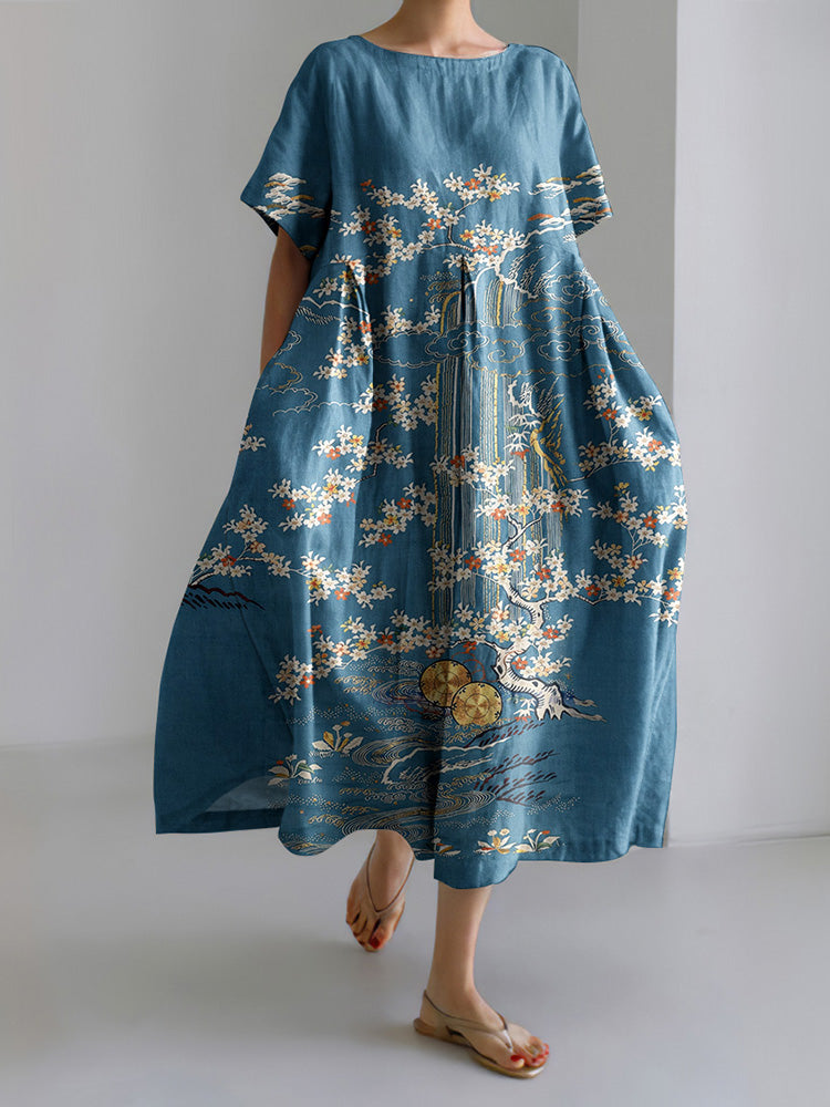 Women's Vintage Japanese Flower Art Short Sleeve Midi Dress