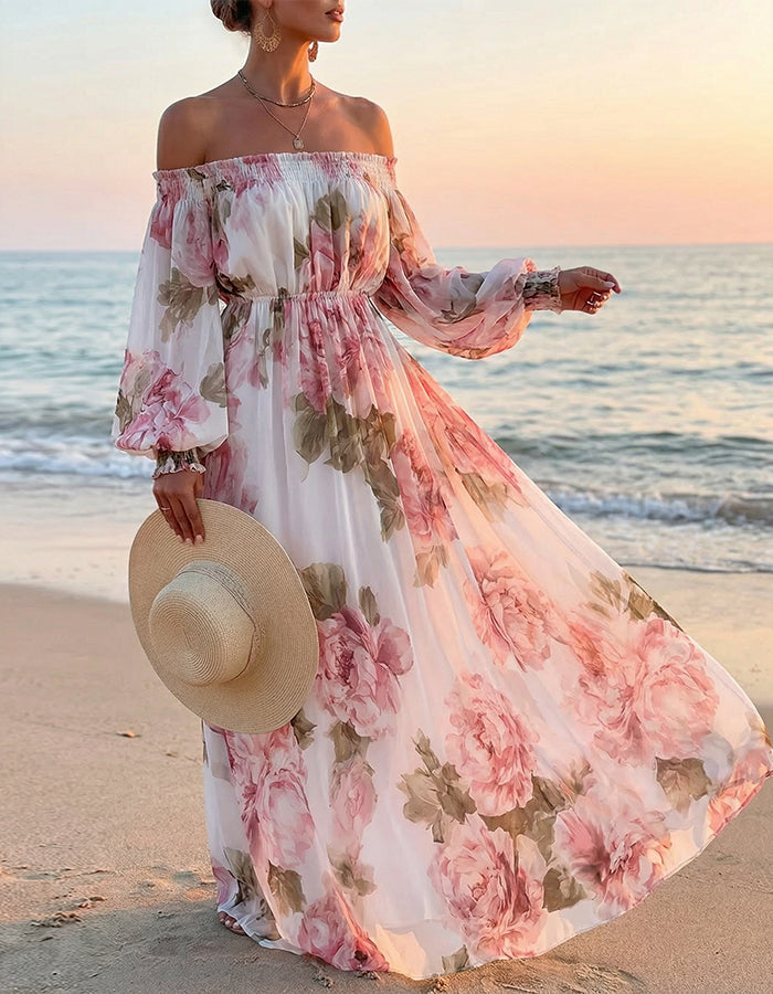 White Chiffon With Pink Rose Print Off Shoulder Design Maxi Dress