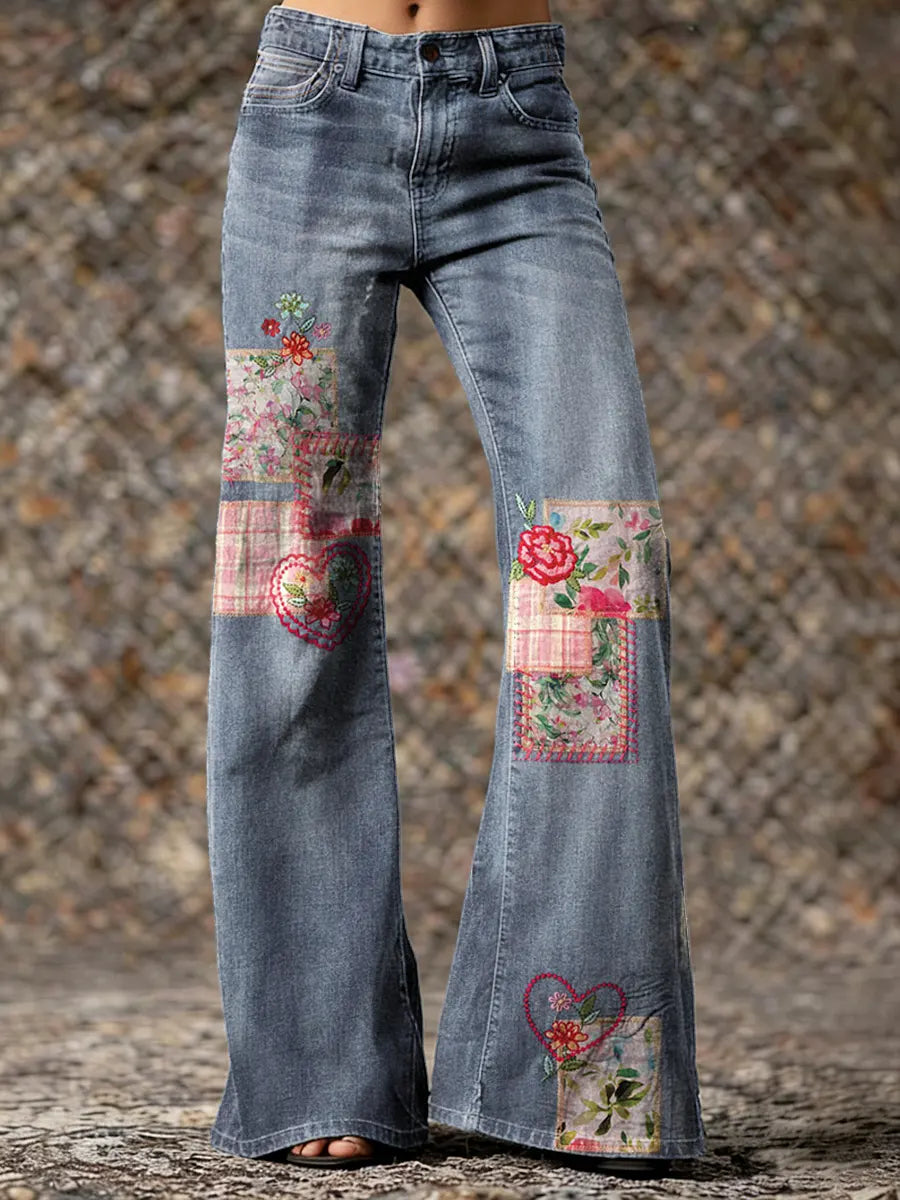 Ethnicity Patchwork Flowers Love Women's Print Casual Wide Leg Pants