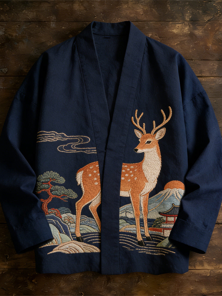 Japanese Style Sika Deer Embroidered Totem Men's Linen Kimono