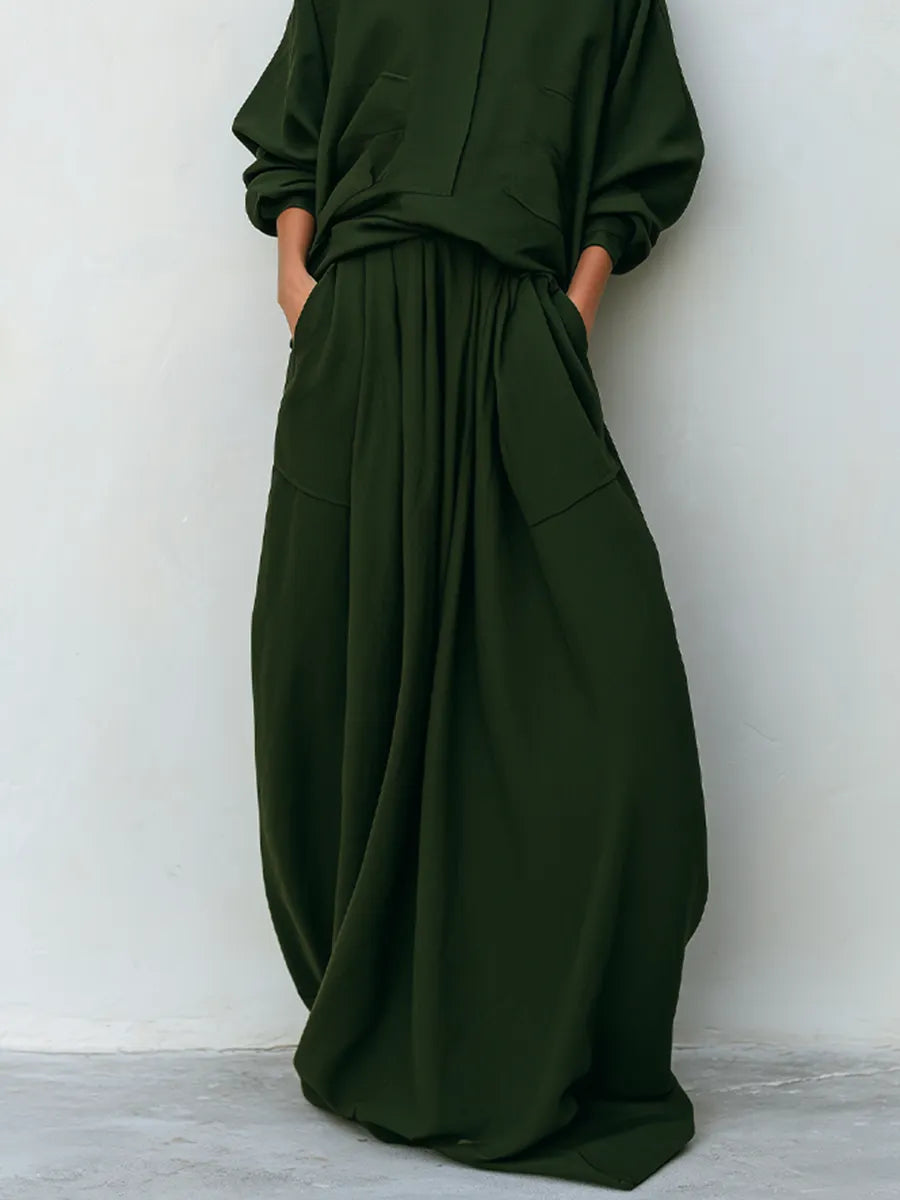 Women's Dark Olive Woven Two-Piece Set With Stand Collar Pocket Blouse & Oversized Drawstring Maxi Skirt, Minimalist Loose Resort Matching Outfit MDZ0781G6LYL