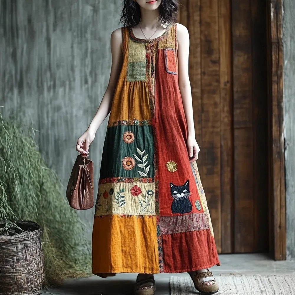 Boho Floral & Cat Patchwork Linen Vest Long Dress af40