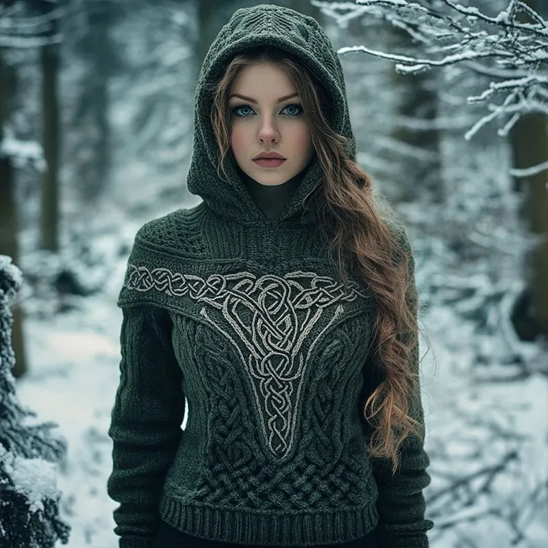Women's Vintage Green Celtic Knot Jacquard Knit Hooded Sweater