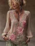 Boho Pink Floral Lace Embroidered V Neck Linen Tunic