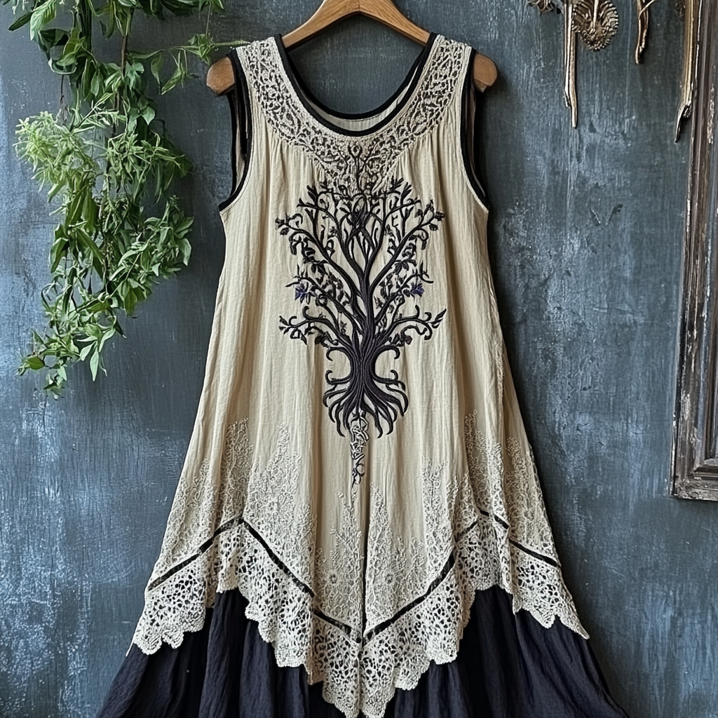 Women's Vintage Tribal Viking Tree Of Life Lace Panel Dress