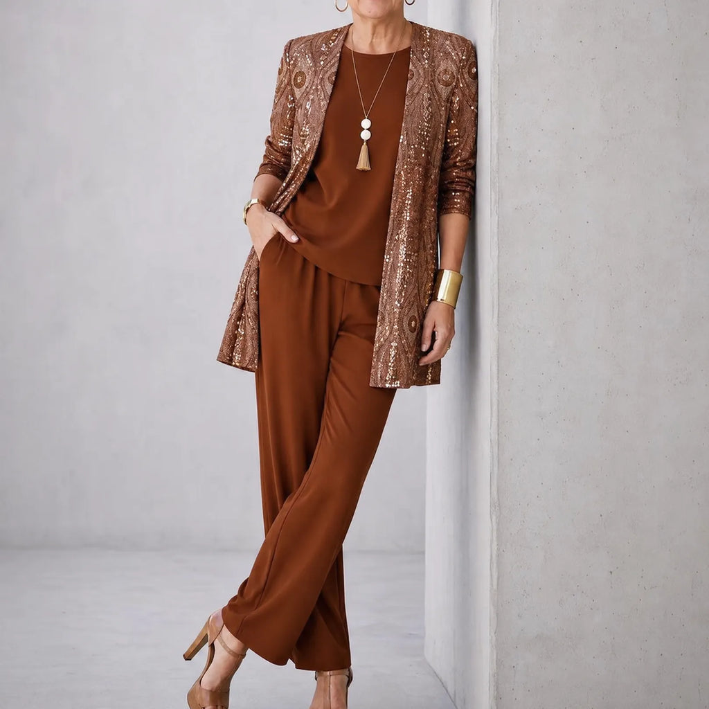 Trielle – Women's 3-Piece Printed Pantsuit Set, Duster, Shell and Wide-Leg Pants