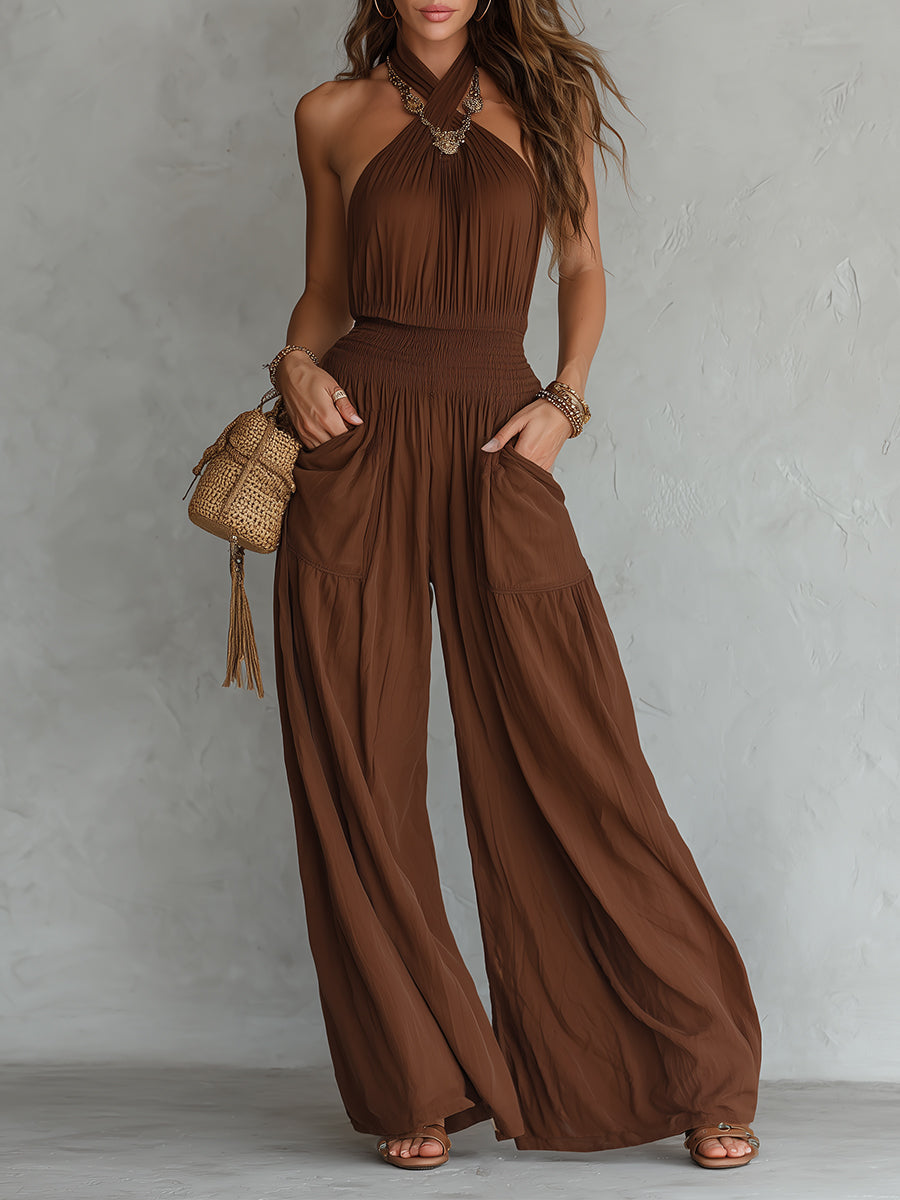 Boho Halter Neck Sleeveless Wide Leg Jumpsuit