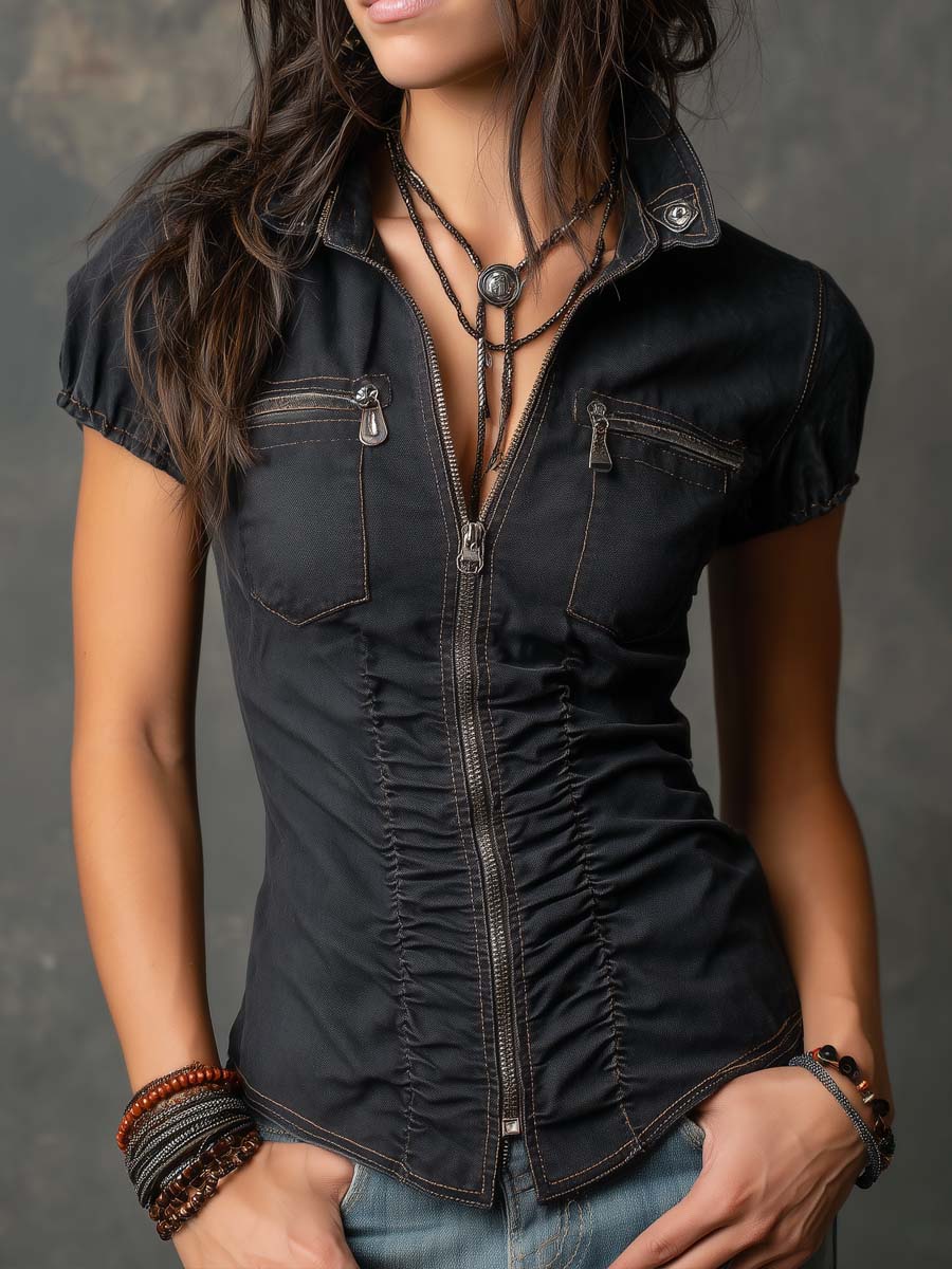Retro Zippered Ruched Front Denim Blouse