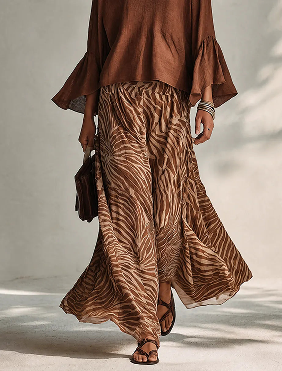 Women's Stylish Brown Zebra-Print Flowy Maxi Skirt MDZ0987G3ZRK
