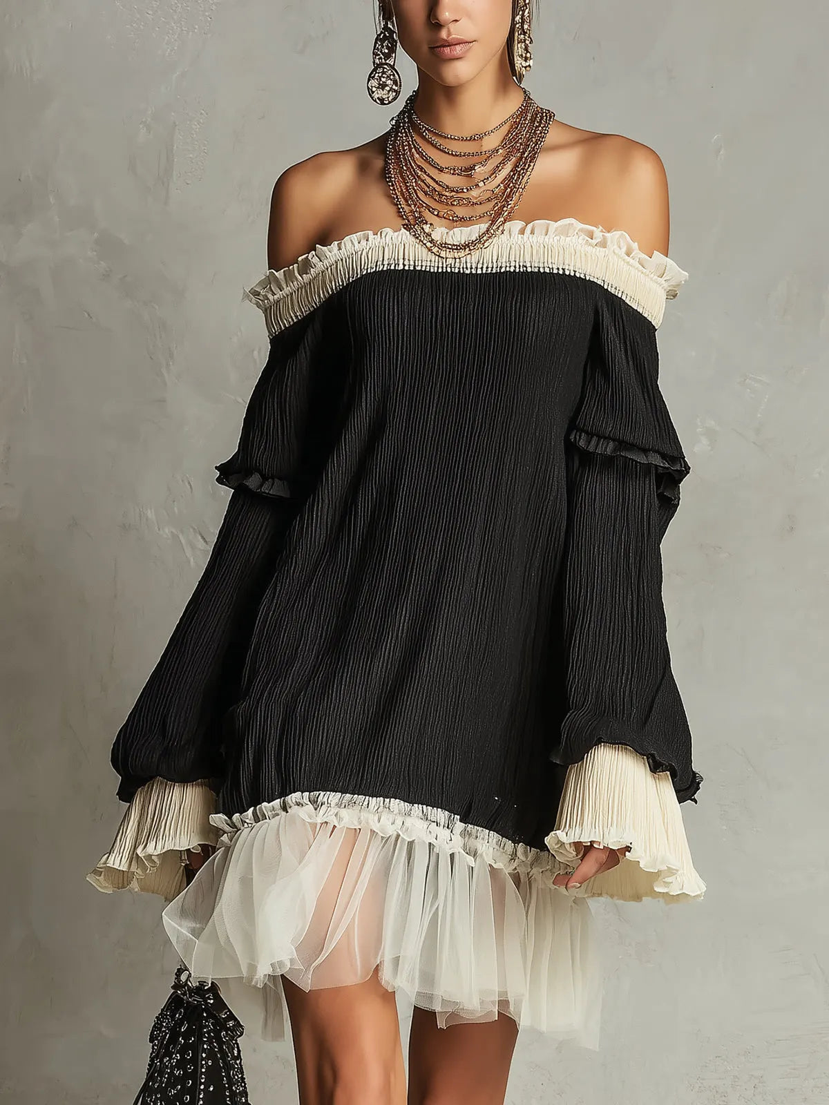 Off-Shoulder Black Ruffle Trim Mini Dress