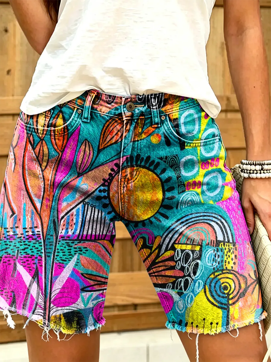 Women's Pop Art Sun Geometric Print Frayed Hem Denim Shorts