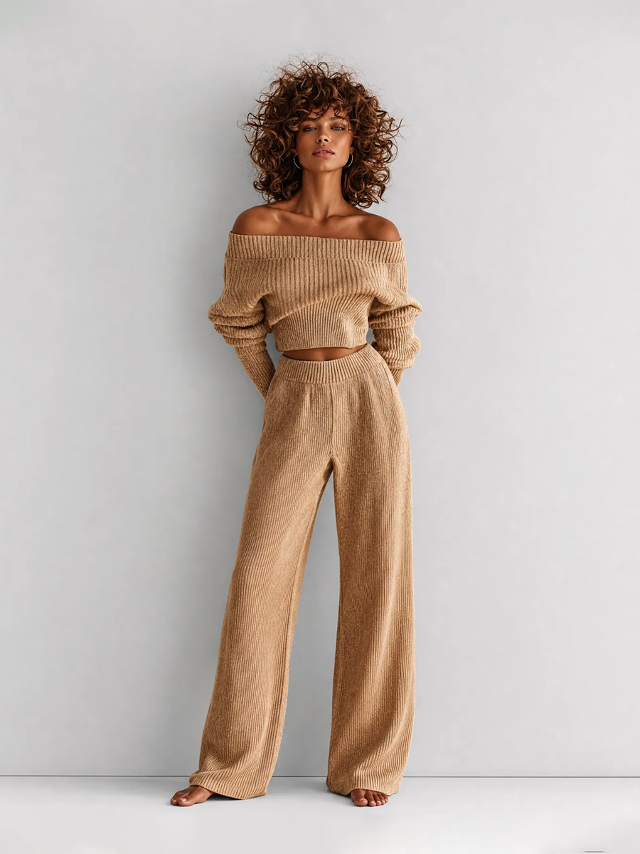 Women's Elegant Casual Camel Wool-Knit Off-Shoulder Long-Sleeve Cropped Top & High-Waisted Wide-Leg Trouser Set MDZ2788G5CMX