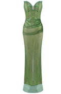 Strapless Crystal Bustier Sparkly Maxi Dress Green