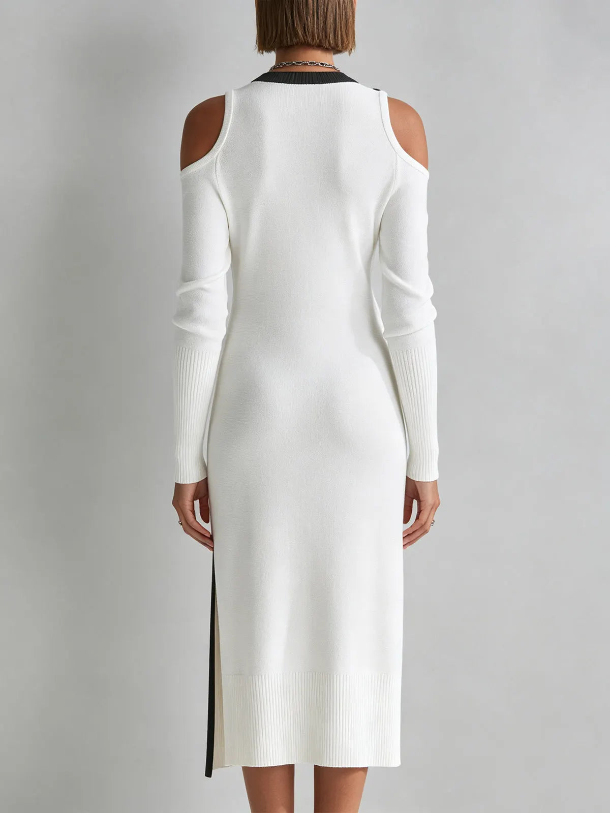 Ivory Asymmetric Button-Trim Cold-Shoulder Midi Sweater Dress