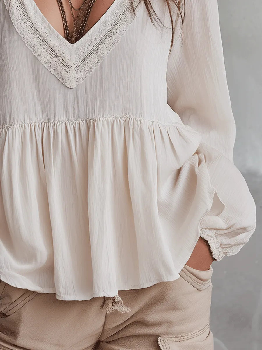 Romantic Tiered Ivory Bohemian V-Neck Flowy Blouse