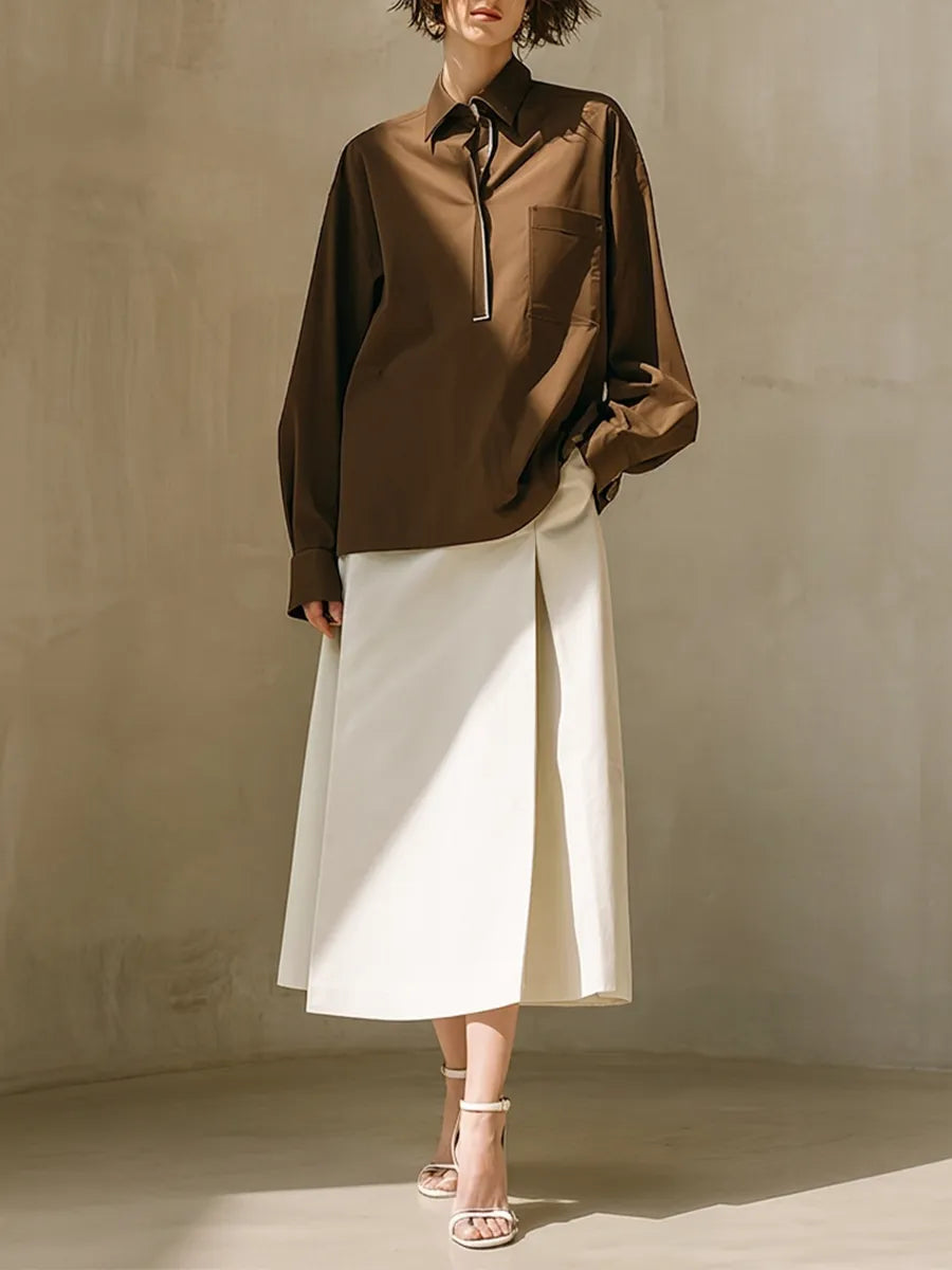 Women's Coffee & Ivory Cotton Two-Piece Set With Oversized Chest Pocket Shirt & High Waist A-Line Midi Skirt, Minimalist Neutral Smart Casual Matching Outfit MDZ0607G5LYL