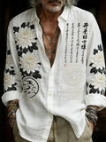 Japanese-style Chrysanthemum And Calligraphy Art Embroidery Distressed Long Sleeve Shirt