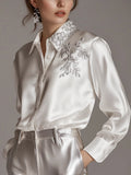 White Satin Blouse With Silver Plant Embroidery