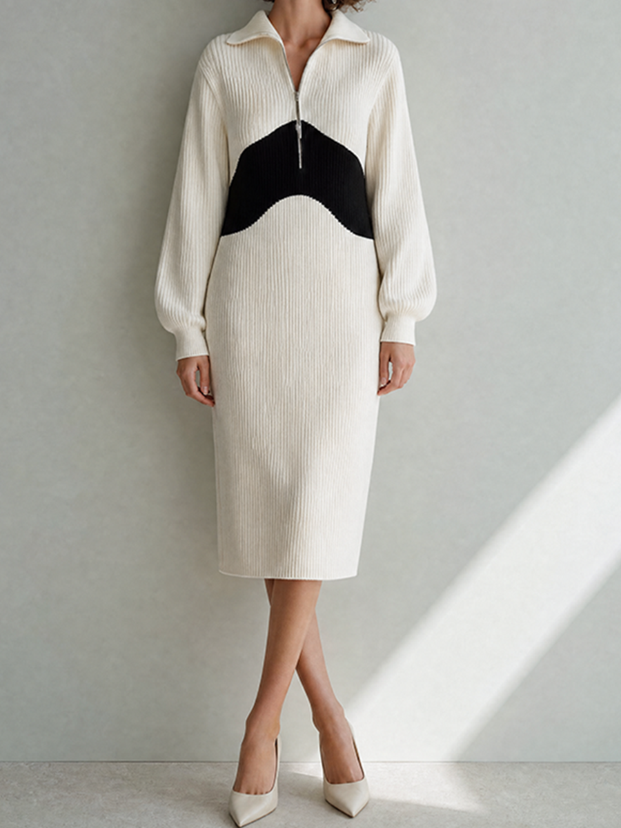 Women's Elegant White Ribbed-Knit Half-Zip Collared Long-Sleeve Colorblock Midi Dress MDZ2280G1CMX