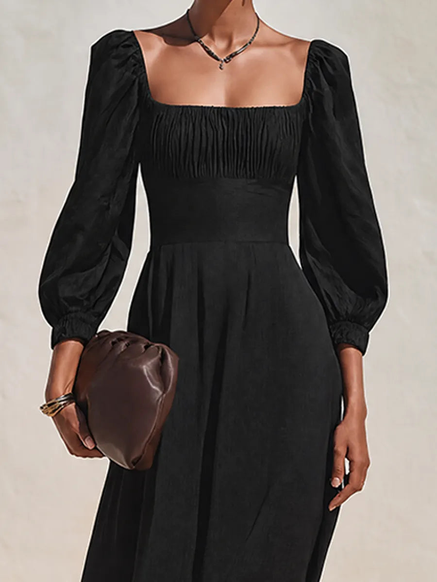 Women's Minimalist Solid Black Linen Square Neck Puff Sleeve Maxi Dress MDZ1680G2ZRK