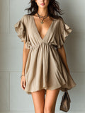 Camel Pleated V-neck Ruffled A-line Mini Dress
