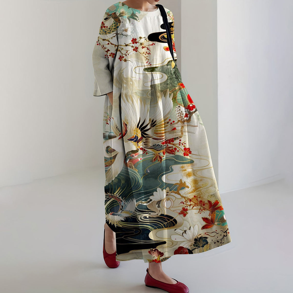 Women's Japanese Flora Art Print Midi Dress