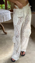 White Lace Cargo Wide Leg Pants