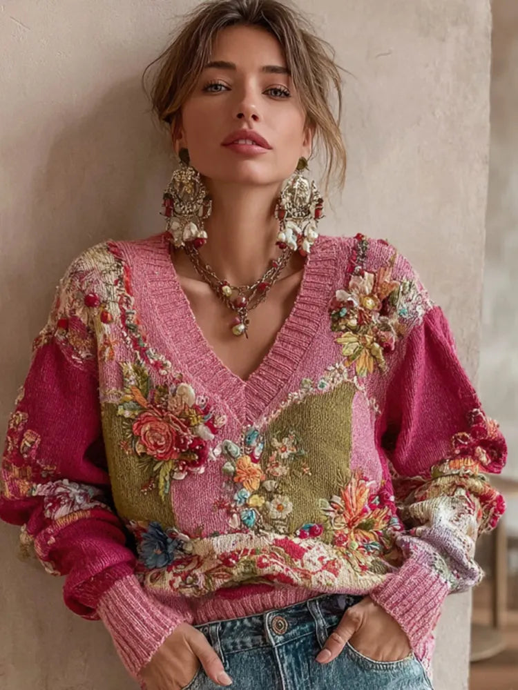 Women's Vintage Bohemian Floral Embroidery Patchwork Art V-neck Cozy Knit Sweater