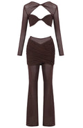 Long Sleeve Mesh Insert Two Piece Jumpsuit Brown