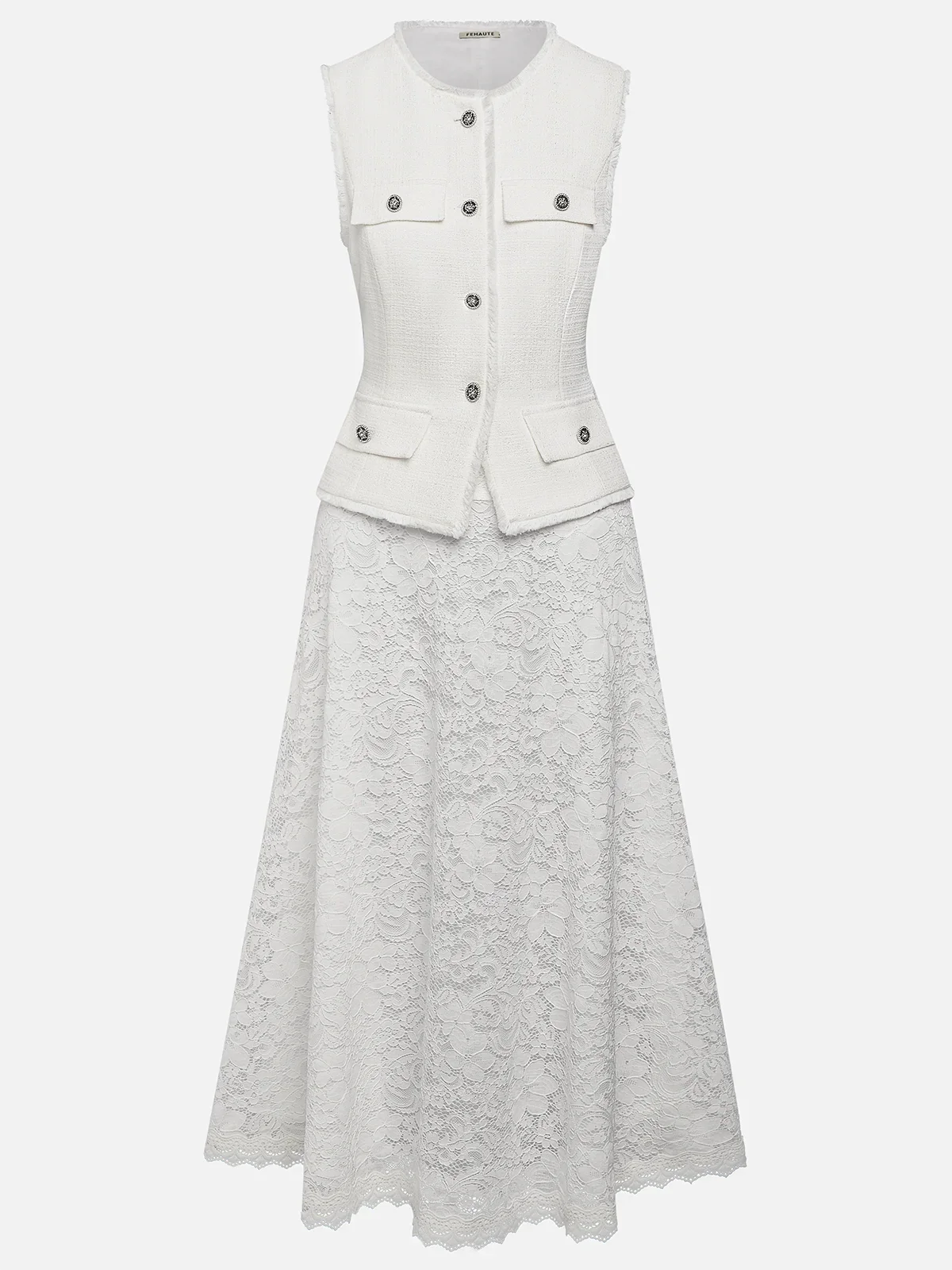 Women Tweed White Buckle Pocket Stitching Crew Neck Sleeveless Dressy Coat With Skirt Two-Piece Set