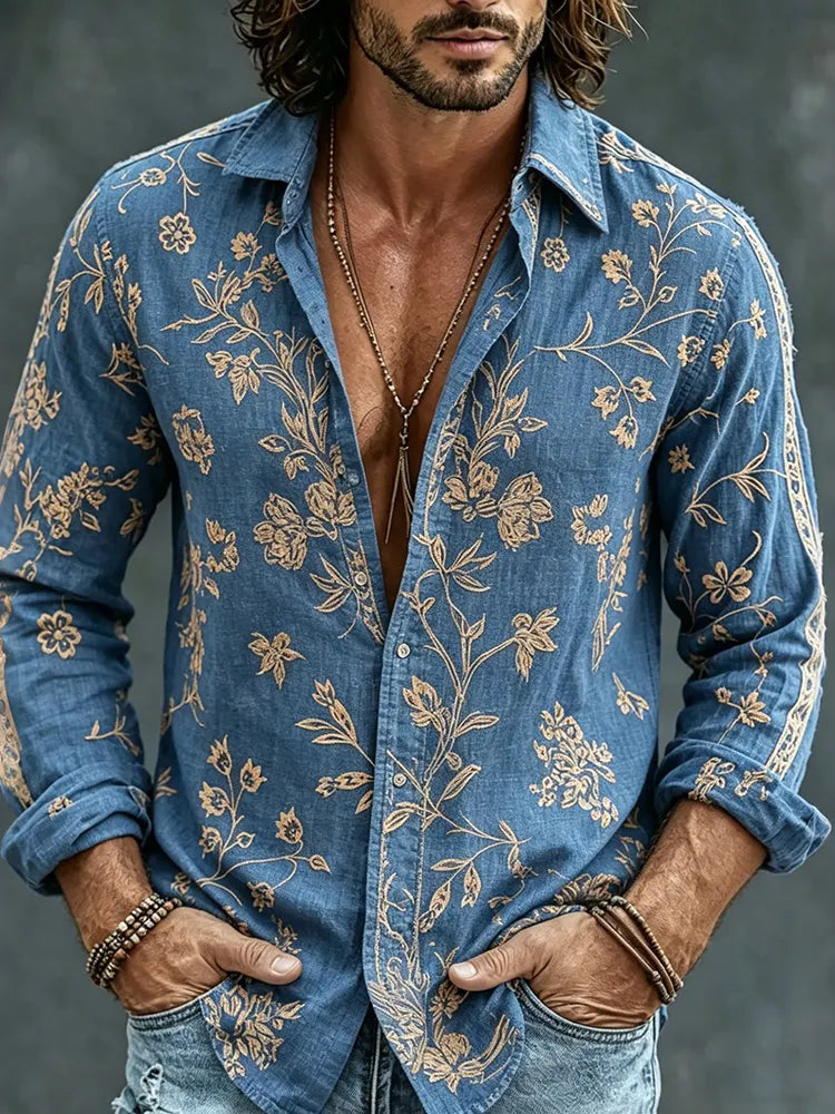 Men's Vintage Floral Pattern Art Linen Shirt