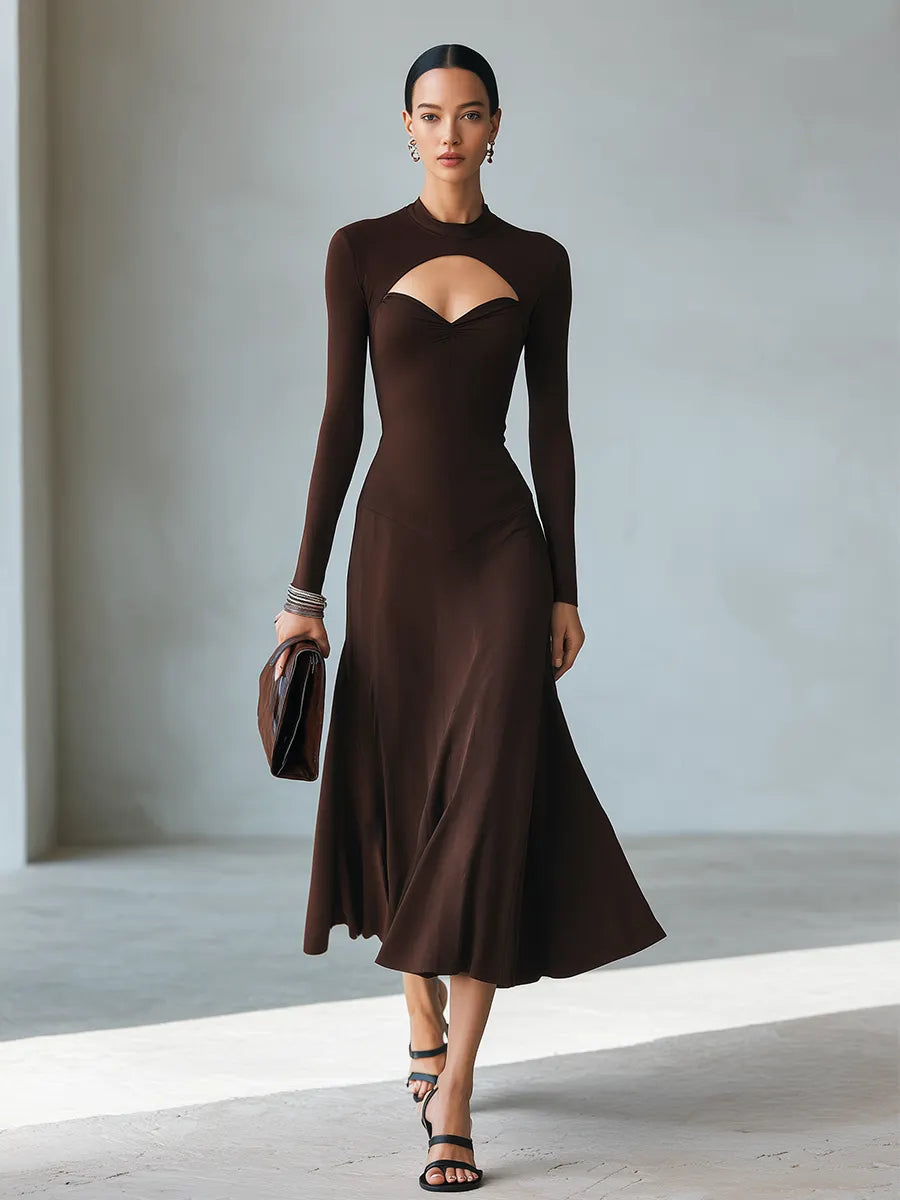 Women's Minimalist Solid Brown Midi Dress With Cut-Out Mock Neck MDZ0344G9ZRK