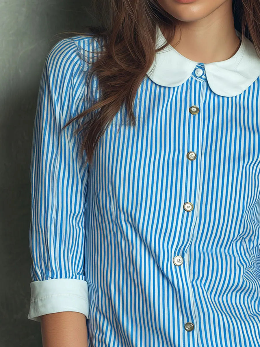 Boho Peter Pan Collar Blue Striped Cotton Blouse