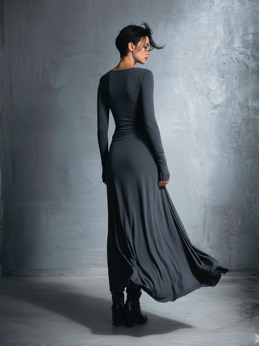 Women's Gray Exquisite Stretch Polyester-Cotton Blend Wrap Dress - Knotted Maxi Dress