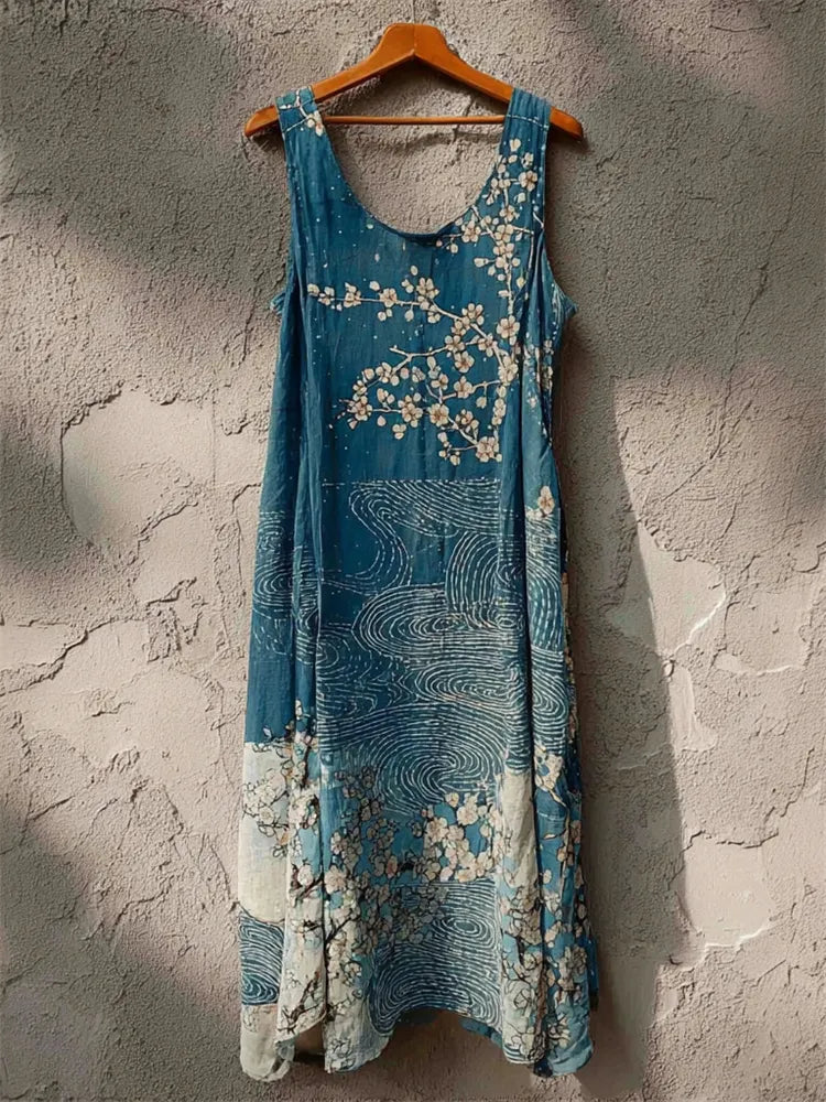 Almond Blossom Sea Waves Japanese Art Linen Tank Dress