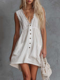 Elegant Vintage Western Lace V-neck Front-button White Cotton Mini Dress