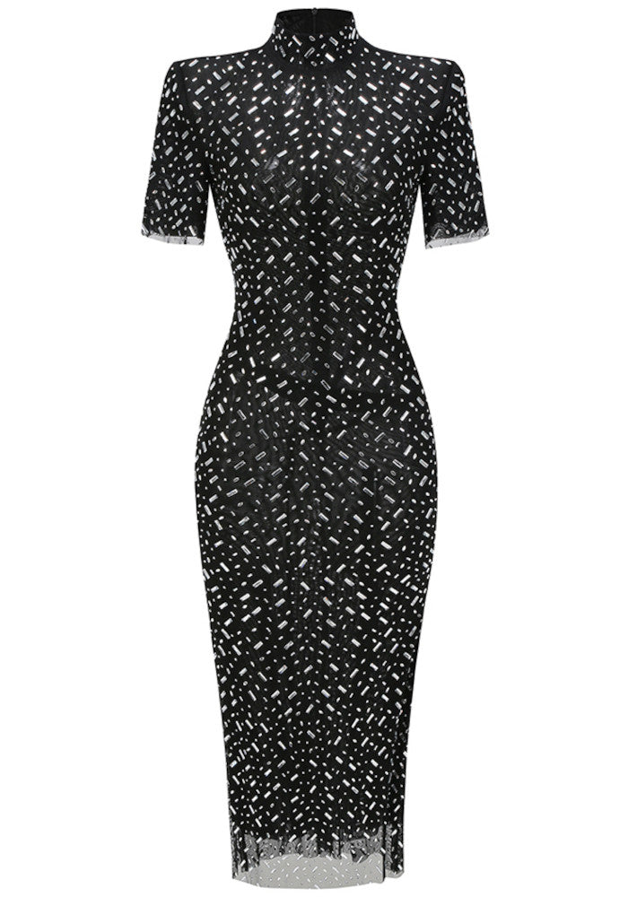 Short Sleeve Crystal Mesh Maxi Dress Black