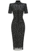 Short Sleeve Crystal Mesh Maxi Dress Black