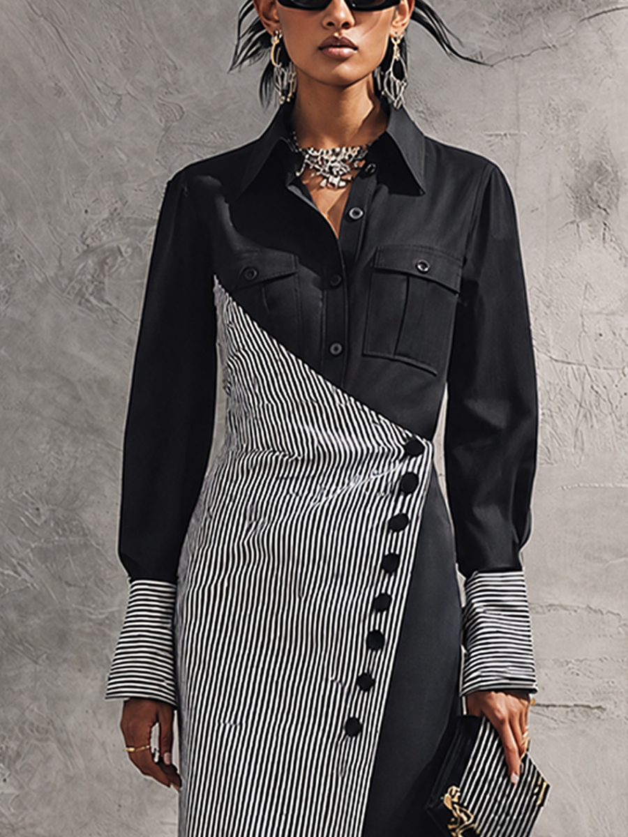 Women's Elegant Black Cotton Blend Color-Block Pinstripe Wrap Button Maxi Dress MDZ1729G8GMJ