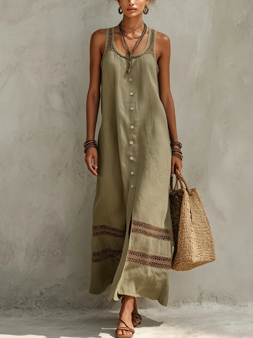 Olive Green Cotton Linen Sleeveless Contrast Lace Cutout Maxi Dress