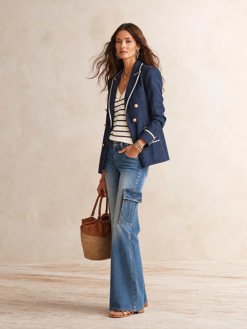 Effortless Chic Linen-Blend Notch-Lapel Gold-Button Navy Tailored Blazer