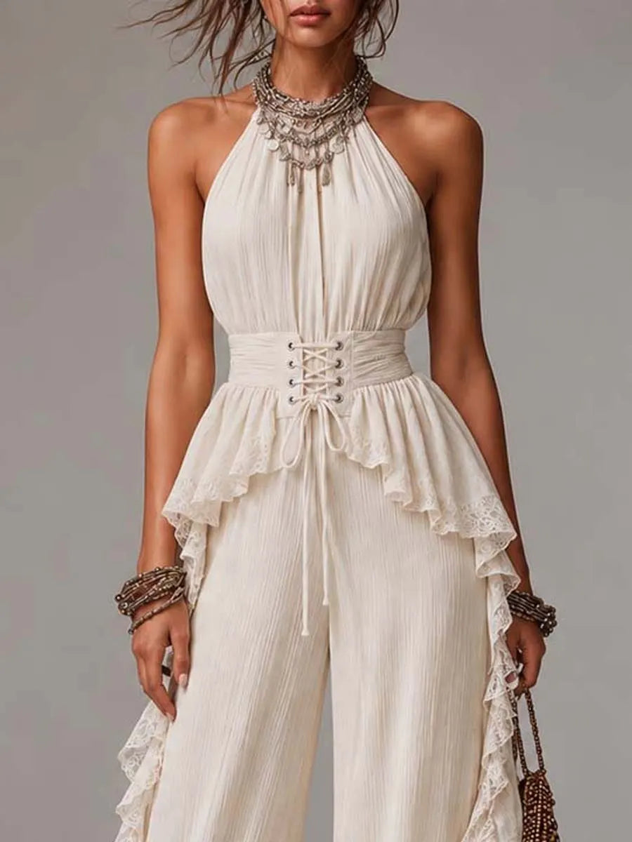 Cream Crinkled Chiffon Lace Ruffled Halter Wide-Leg Jumpsuit