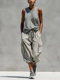 Women’s Grey Sleeveless Tank Top & Cargo Jogger Shorts Two-Piece Set MDZ0853E1T