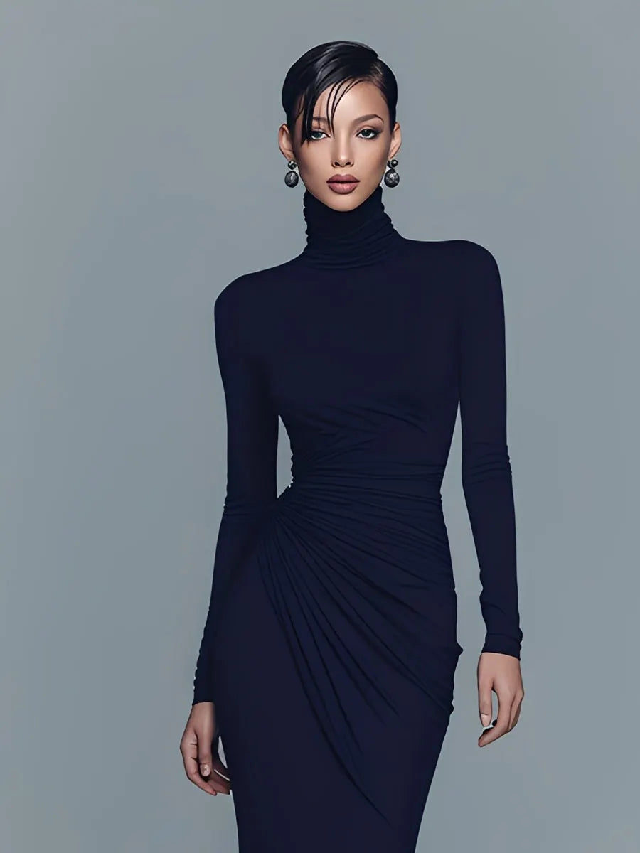 Women's Navy Elegant Stretch Polyester-Cotton Blend Turtleneck Draped Maxi Dress MDA1742J1I