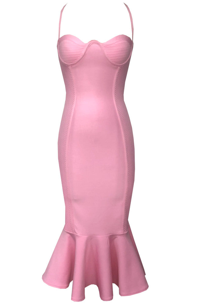 Halter Fluted Midi Dress Pink