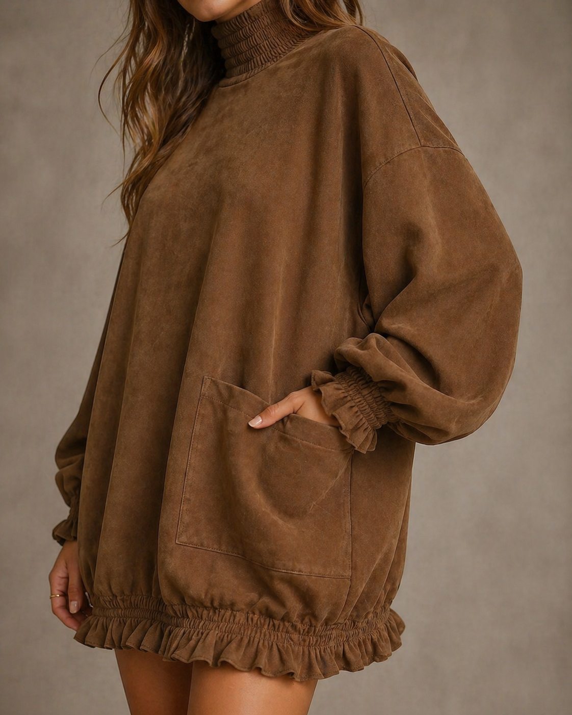 Western Retro Suede Mini Dress with Balloon Sleeves