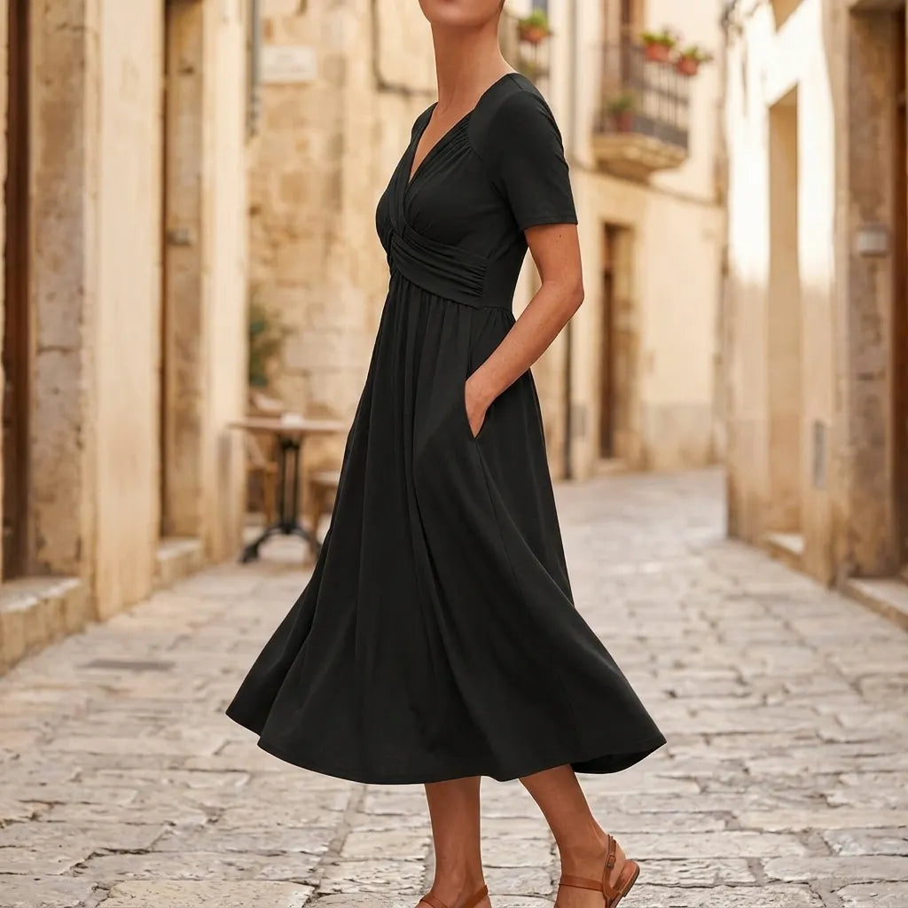 Veluna – Crossover V-Neck Midi Dress with Pockets