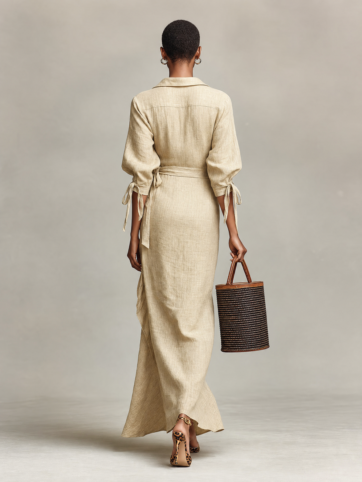 Women's Light Khaki Breathable Linen Maxi Dress With Lantern Tie Sleeves & Wrap Waist Silhouette, Versatile Beach Vacation Fitted Maxi Dress MDZ0931G1LYL